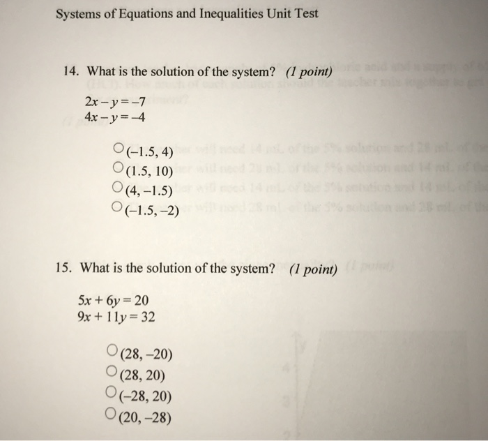 Systems of equations and inequalities unit test